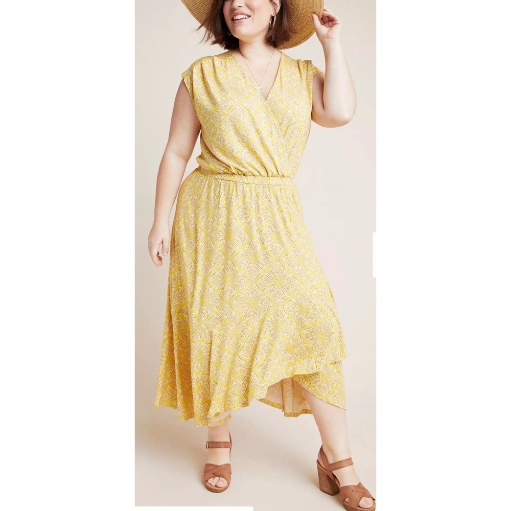 Maeve by Anthropologie Fete Midi Dress Yellow Geometric Surplice XL
